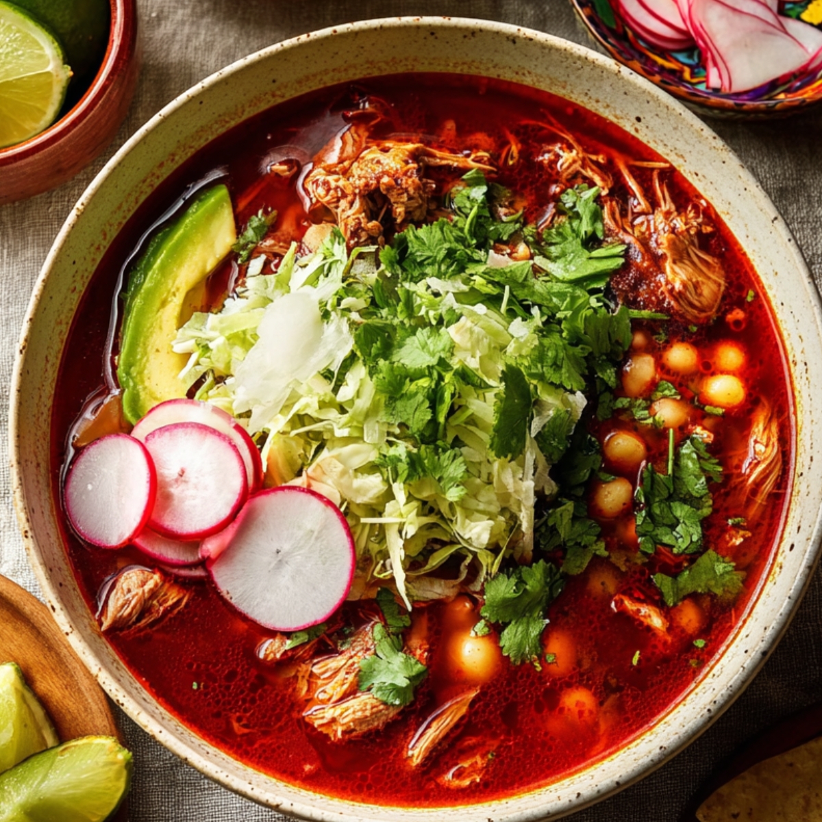 Bowl of Pork Pozole Rojo topped with cabbage, radishes, cilantro, avocado, and hominy in rich red broth.