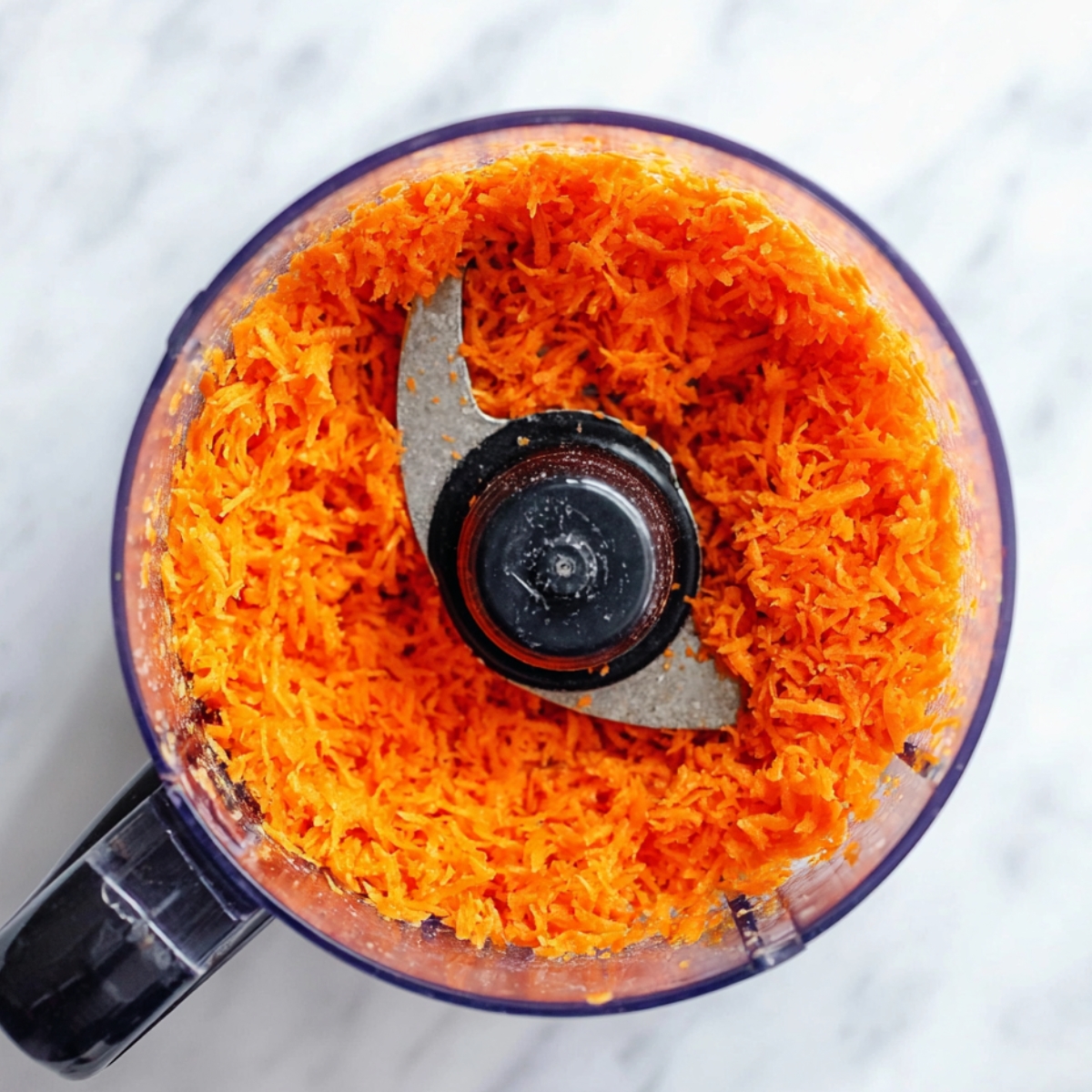 A food processor with finely chopped carrots ready to be used in a lentil loaf recipe.