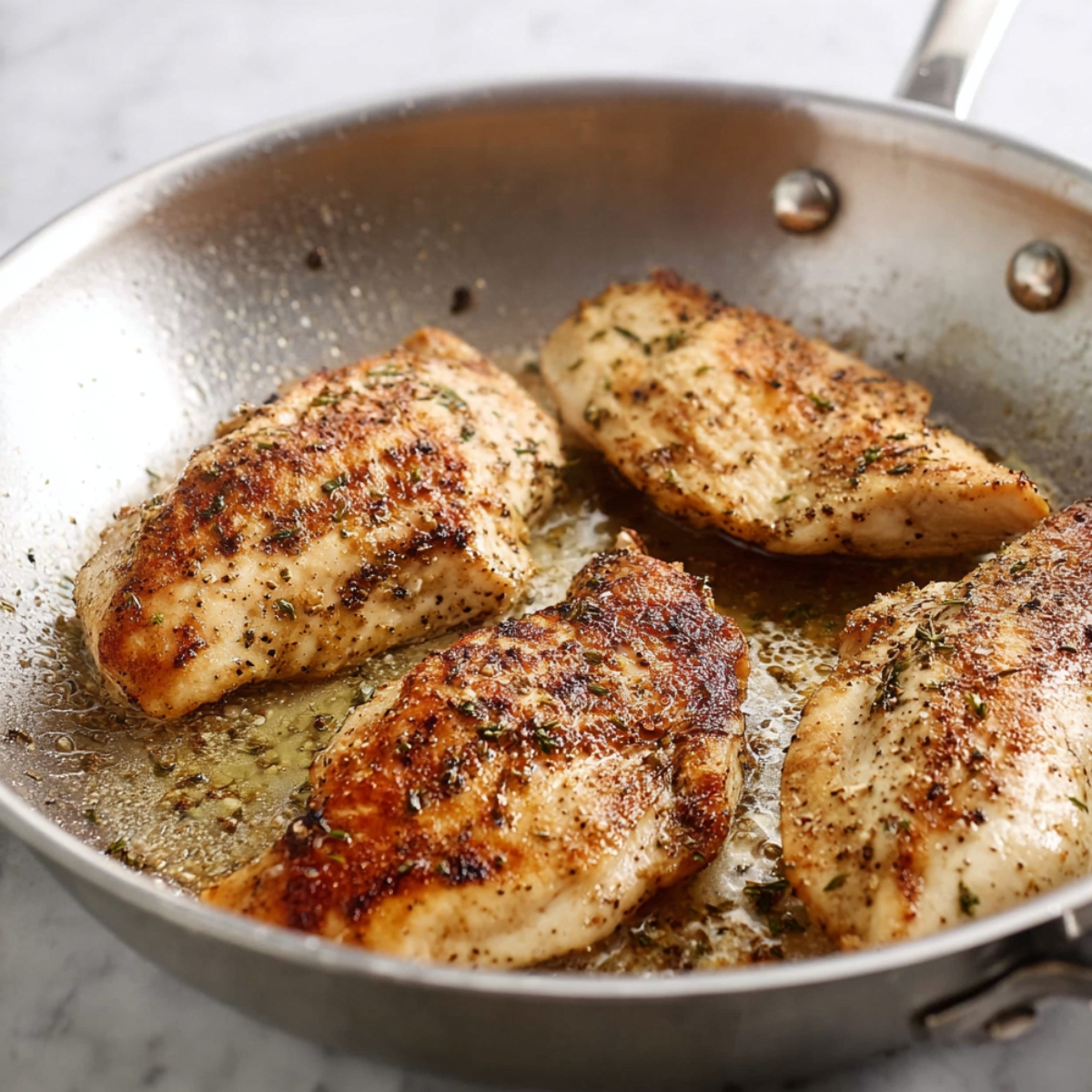 Chicken breasts searing in a pan with a golden, crispy exterior, seasoned with herbs and ready to be cooked further.
