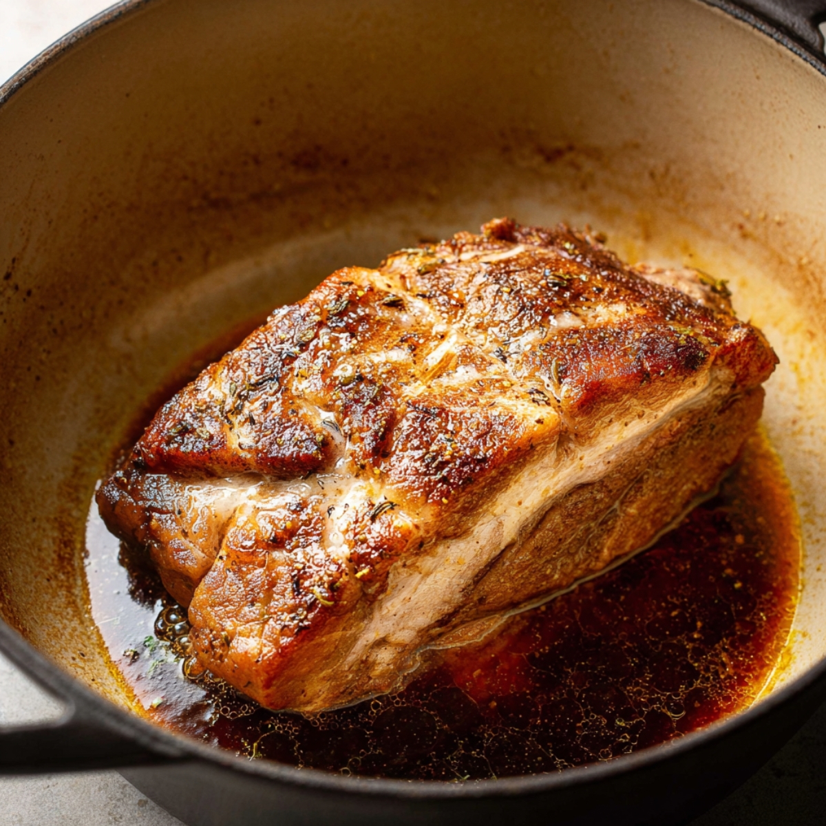 Pork shoulder searing in a Dutch oven with browned crust and juices, step for making pork pozole rojo.