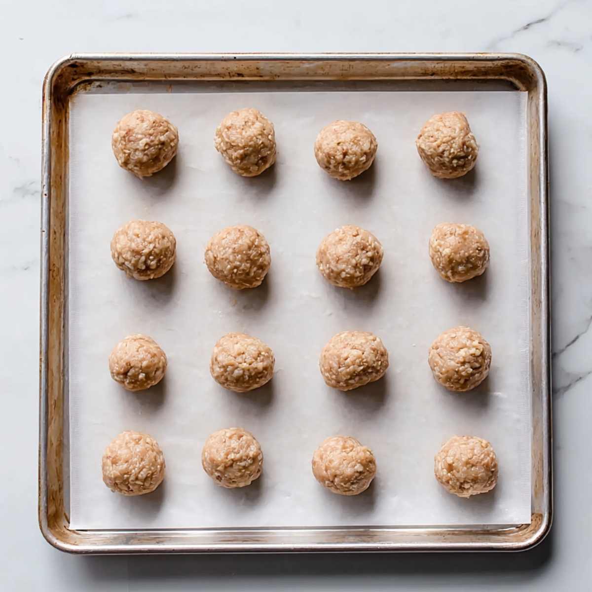 Meatballs being formed and placed on a baking sheet