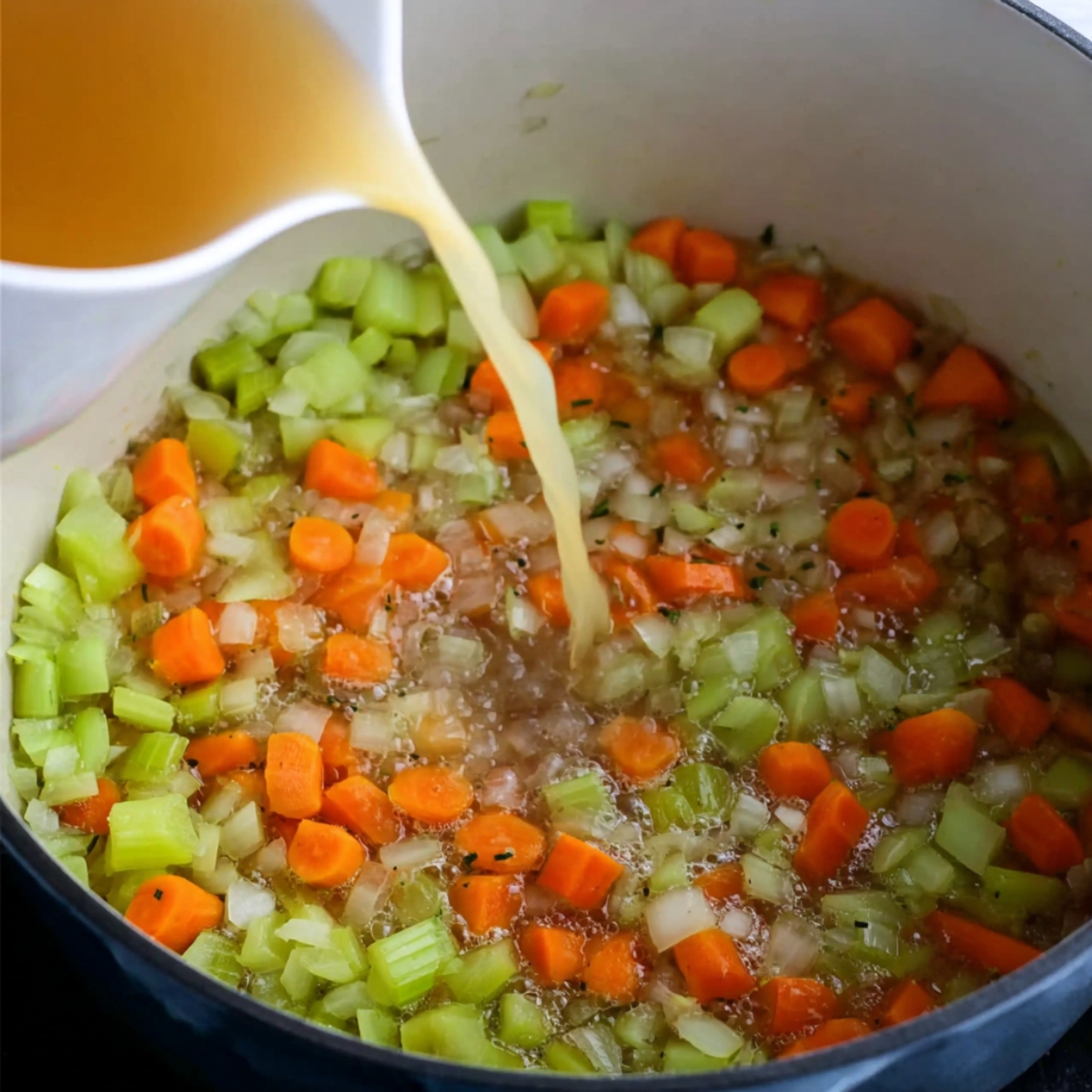 Pouring vegetable broth into a pot filled with sautéed carrots, celery, and onions, creating the perfect base for a hearty and flavorful soup.