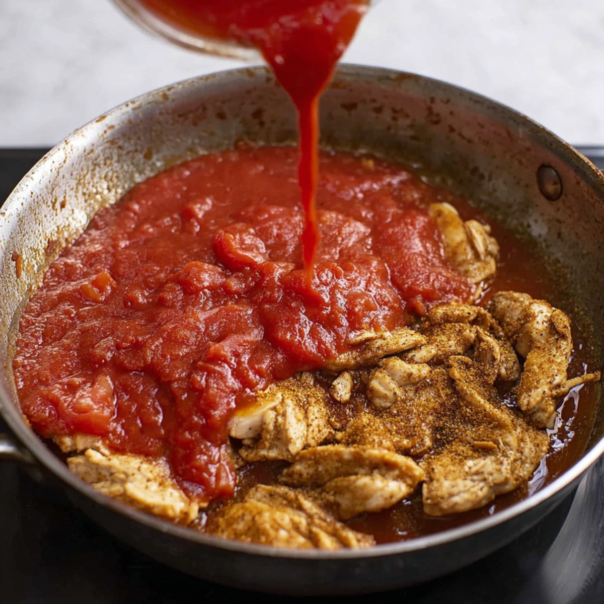 Tomato sauce being poured over cooked chicken in a pan, creating a rich and flavorful sauce for the dish.