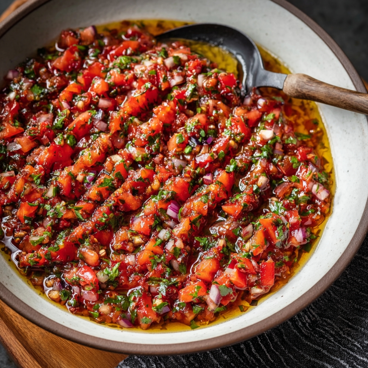 A vibrant bowl of Turkish Ezme salad with tomatoes, onions, and herbs in a rich dressing.