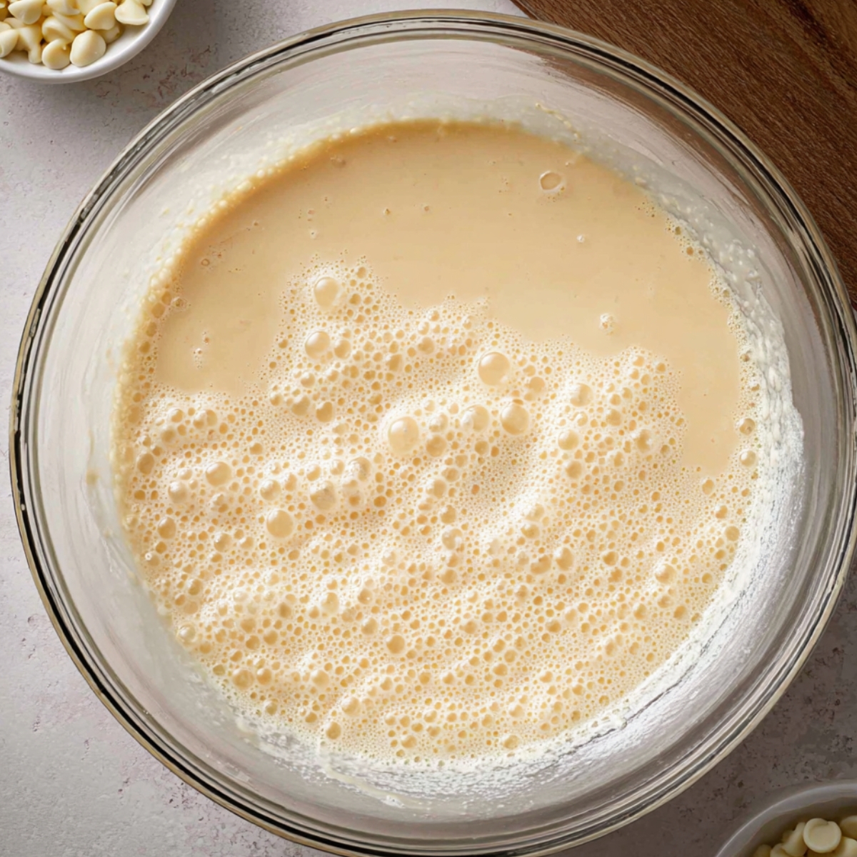 A close-up shot of eggs and sugar being whisked together in a clear glass bowl, creating a frothy, bubbly mixture.