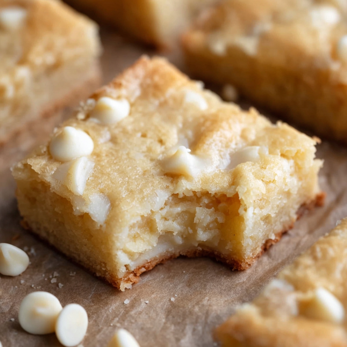 A deliciously baked White Chocolate Brownies with a bite taken out, revealing its soft, gooey texture and scattered white chocolate chips.