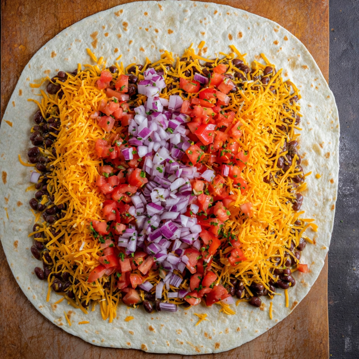crispy sheet pan filled with black beans, shredded cheese, diced tomatoes, and onions inside a tortilla wrap, garnished with sour cream and cilantro.