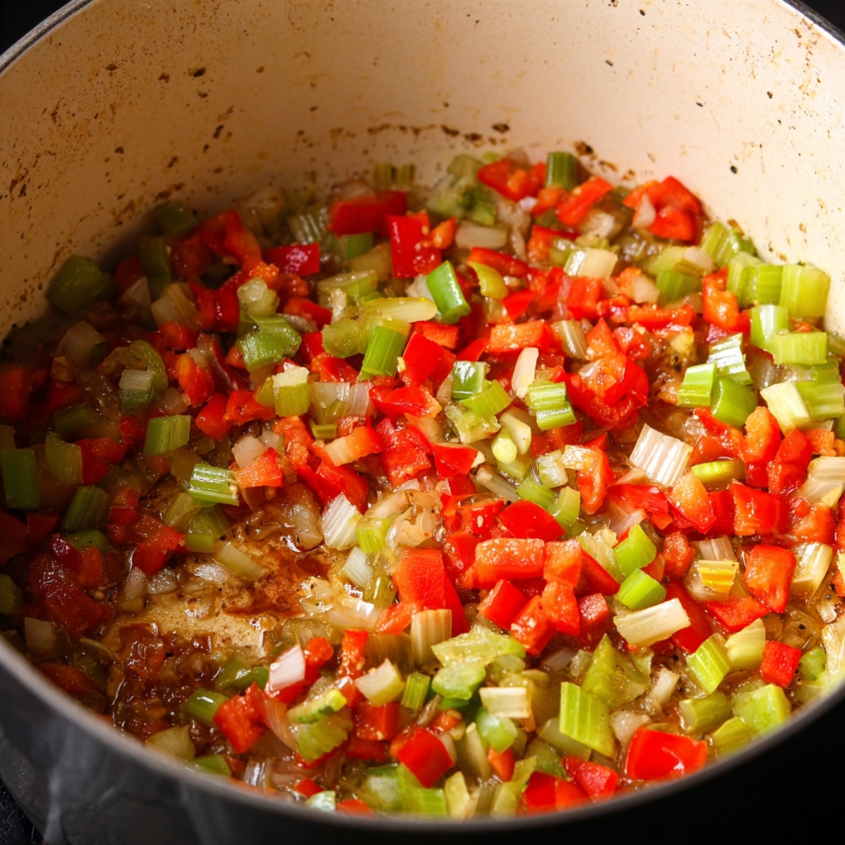 Image of chopped garlic added to the sautéed vegetables in a pan, cooking on the stove.