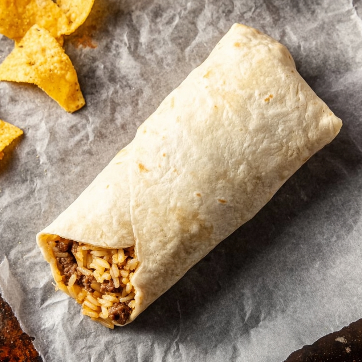Assembled burrito with beef, rice, and cheese filling.