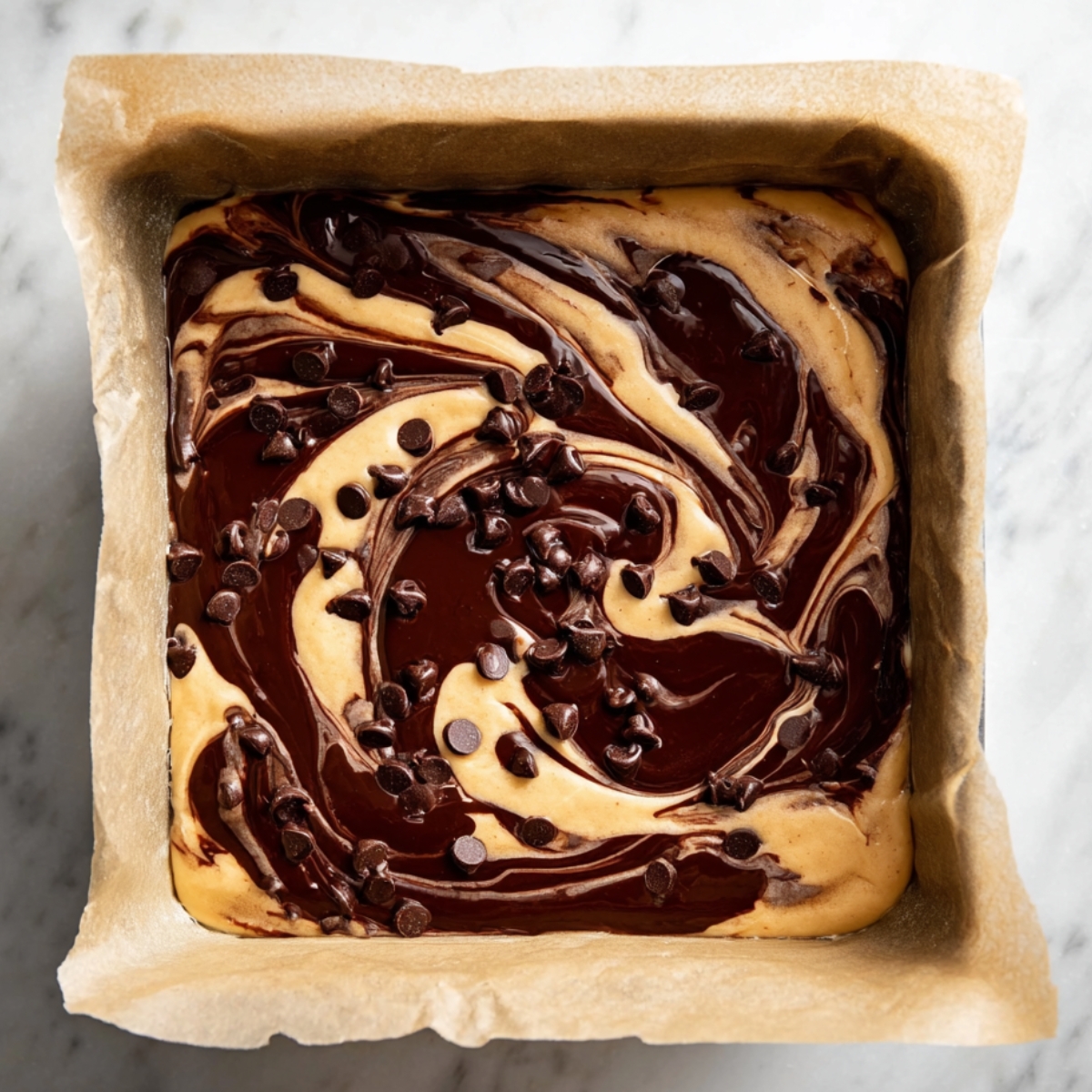 Swirled chocolate and vanilla brownie batter with chocolate chips in a parchment-lined baking pan before baking.