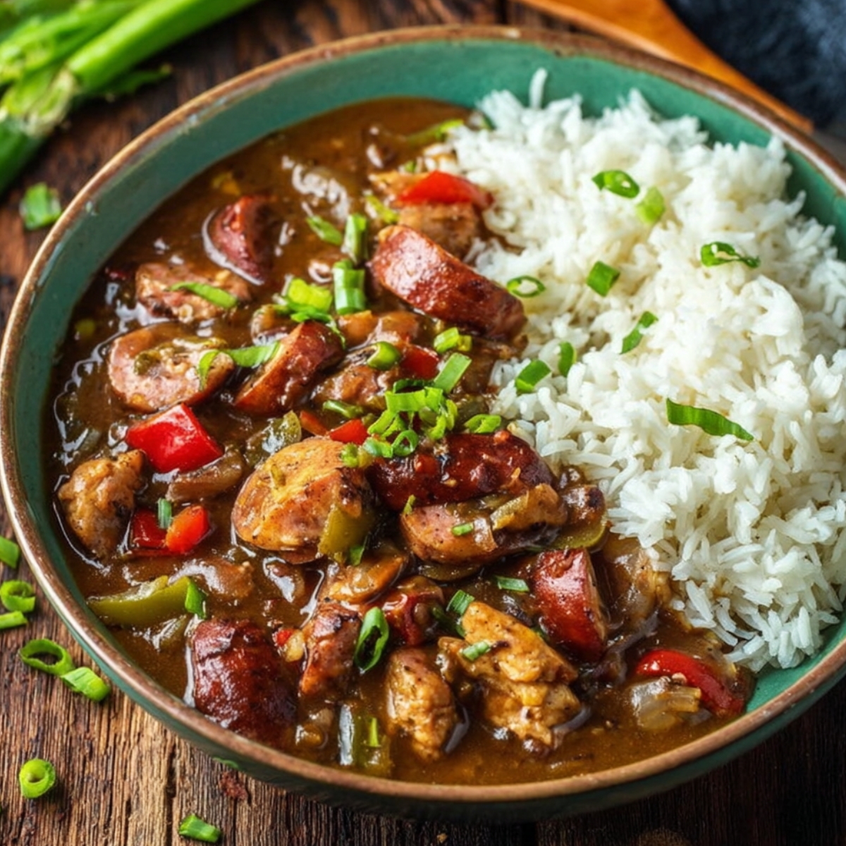 A bowl of Authentic Chicken and Sausage Gumbo served with fluffy white rice, garnished with green onions, placed on a rustic wooden surface.