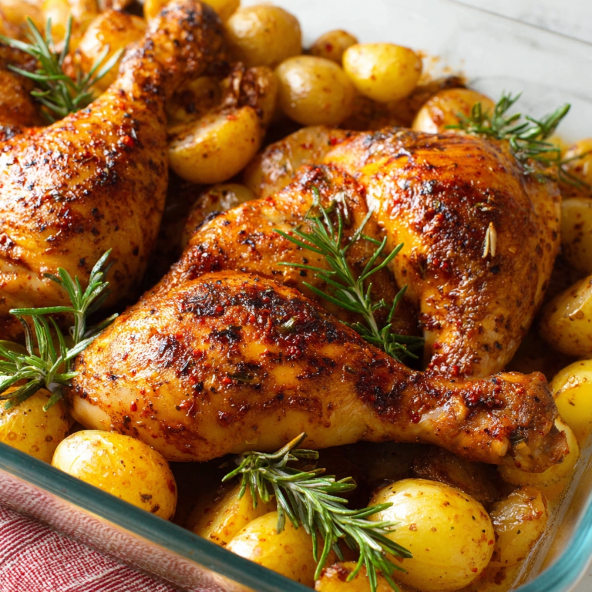 Baked Chicken Leg Quarters surrounded by roasted baby potatoes and fresh rosemary sprigs, showing a deliciously seasoned dish.