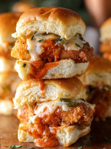 Stacked Buffalo Catfish Sliders with crispy fried fish fillets, buffalo sauce, and melted cheese, served in soft buns.