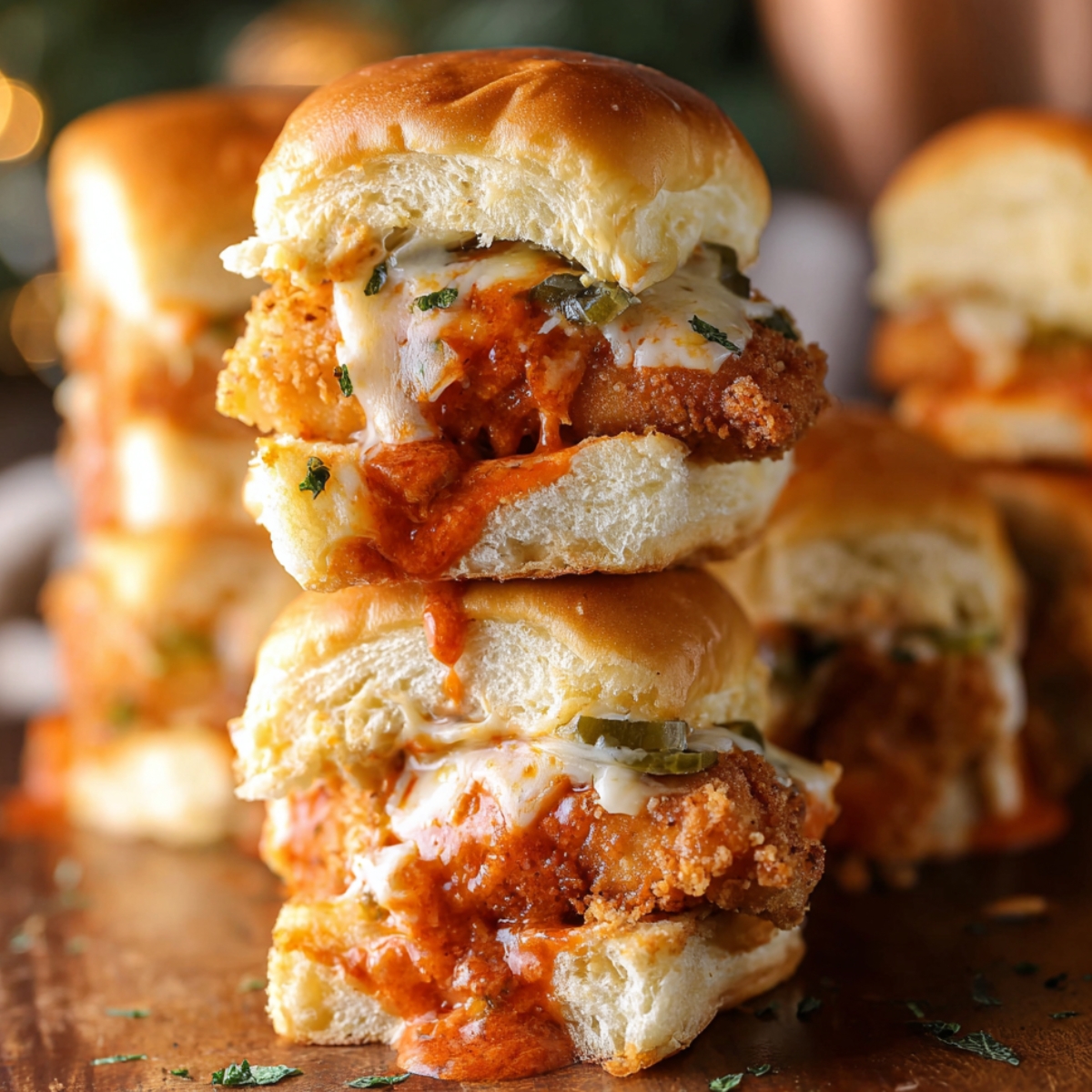 Stacked Buffalo Catfish Sliders with crispy fried fish fillets, buffalo sauce, and melted cheese, served in soft buns.