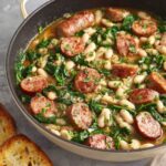 A hearty Chicken Sausage White Bean Skillet, with fresh spinach, beans, and sausage slices cooked together in a savory broth, garnished with parsley.