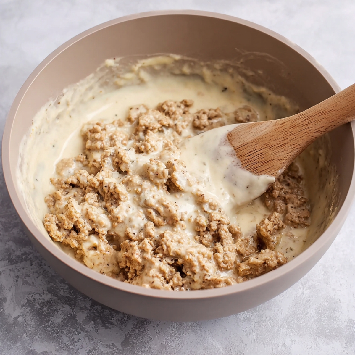 A bowl of creamy chicken and béchamel sauce mixture, stirred together with a wooden spoon, ready for croquette filling.