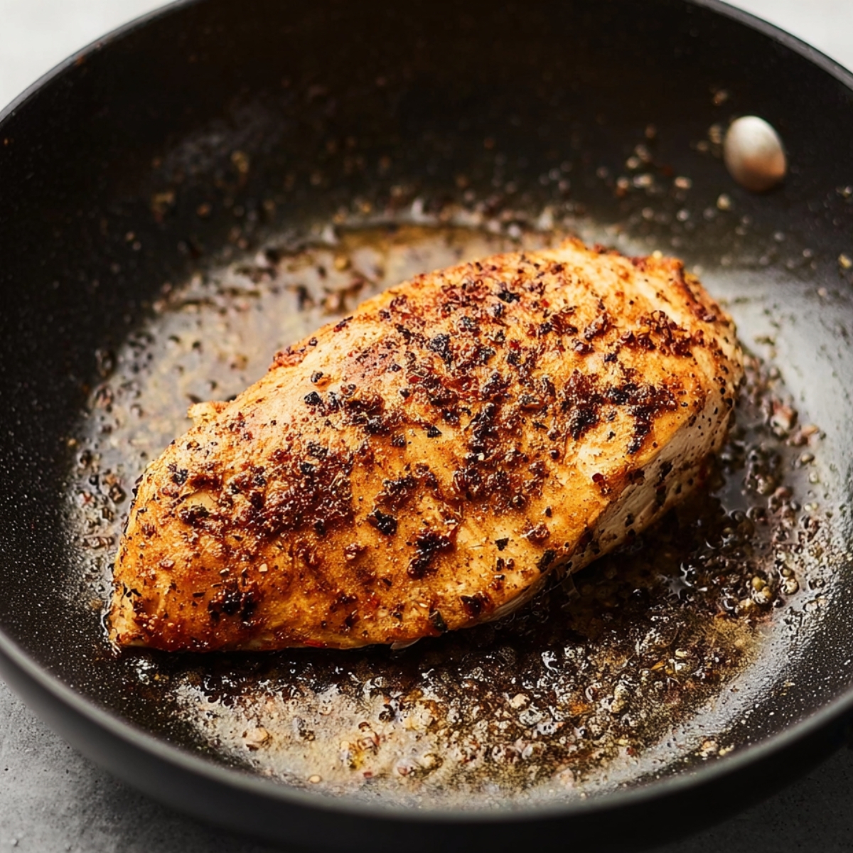 A seasoned chicken breast cooking in a skillet with spices and oil, creating a crispy, golden-brown exterior.