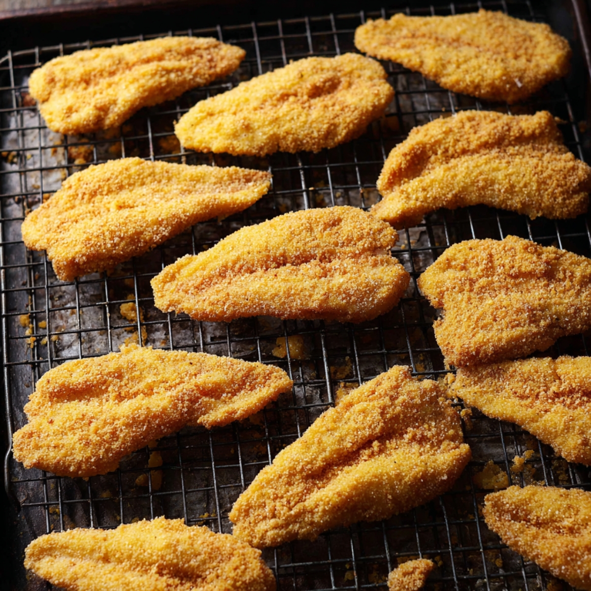 Golden-breaded catfish fillets on a wire rack, ready to be fried, showcasing their crispy cornmeal coating.
