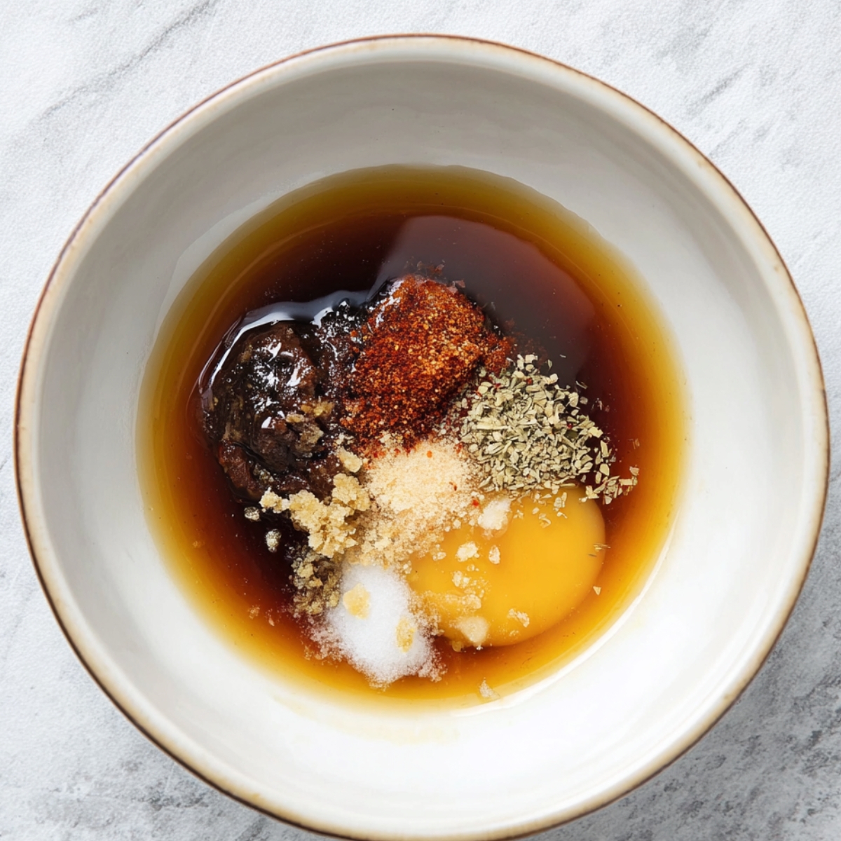 Close-up of ingredients for chipotle honey marinade in a bowl, including honey, soy sauce, garlic, and various spices ready to be mixed.
