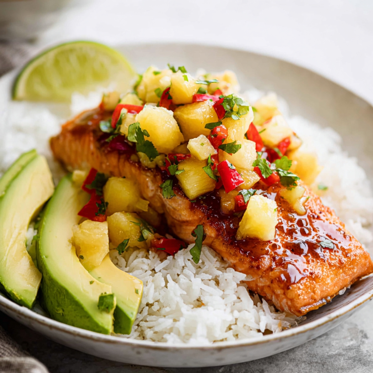 A plate of Pineapple Salsa Salmon fillets topped with vibrant pineapple salsa, served with avocado slices and white rice, garnished with fresh cilantro.