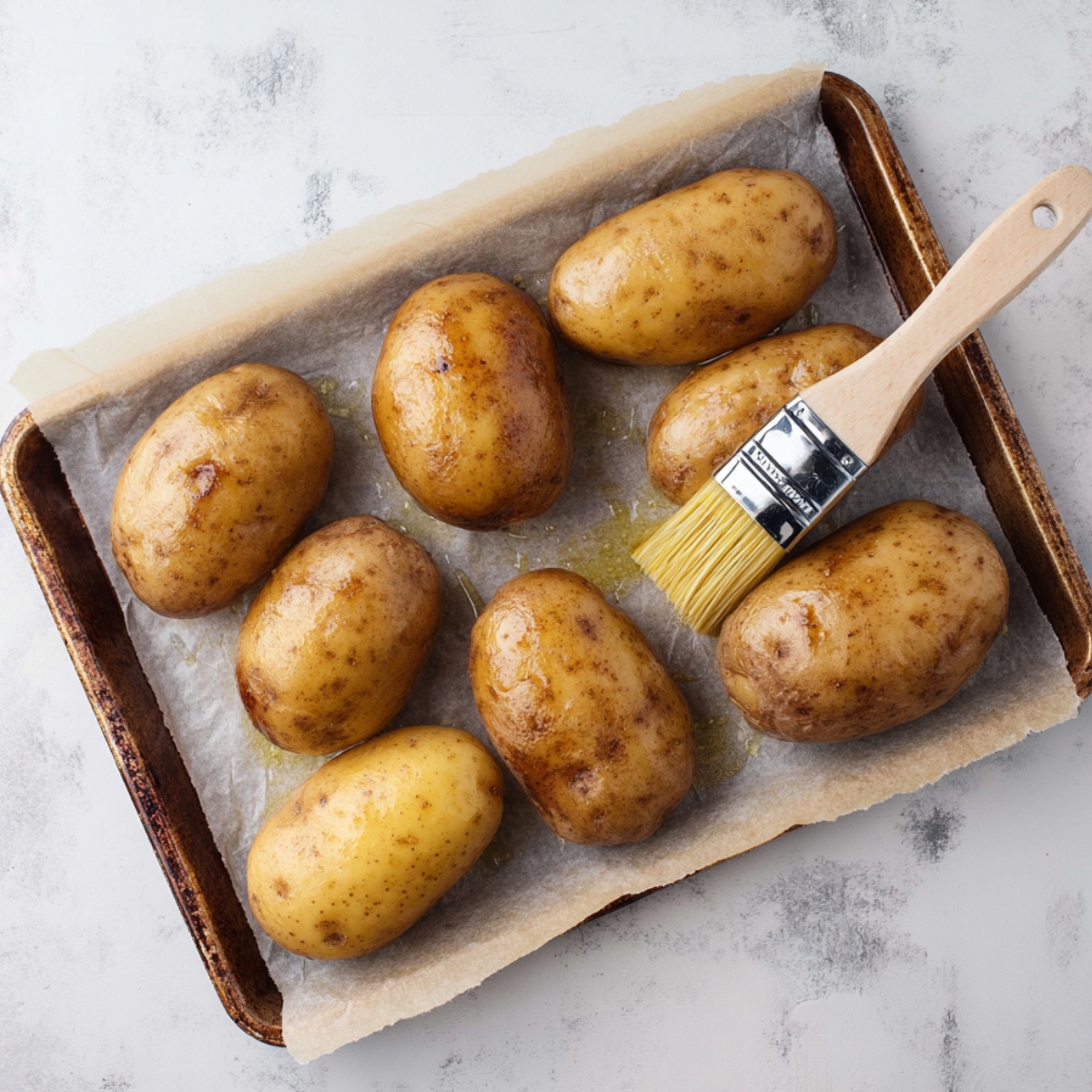 Whole russet potatoes brushed with oil and arranged on a parchment-lined baking tray, ready for baking.