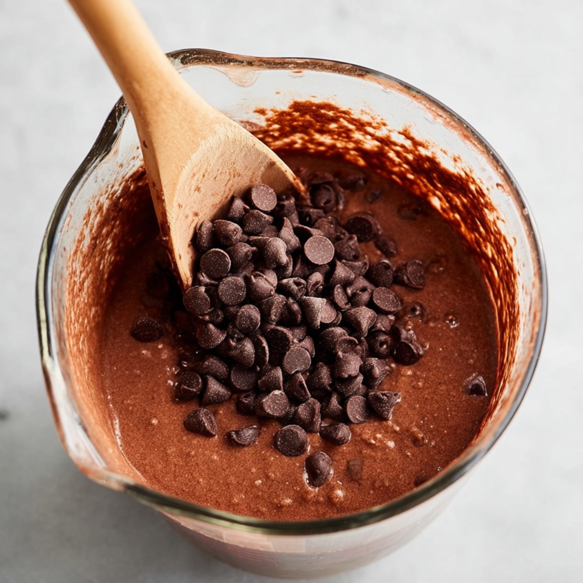 Chocolate brownie batter in a glass measuring cup with chocolate chips being mixed using a wooden spoon.