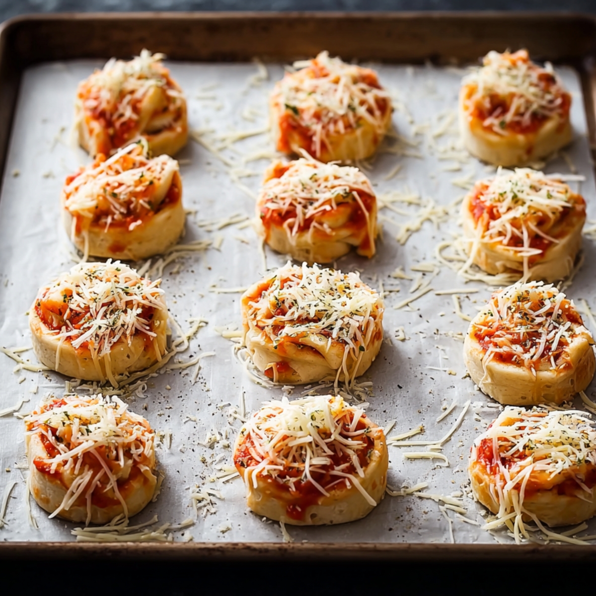 Freshly prepared pizza rolls topped with marinara sauce, shredded cheese, and a sprinkle of herbs, ready to be baked to perfection.