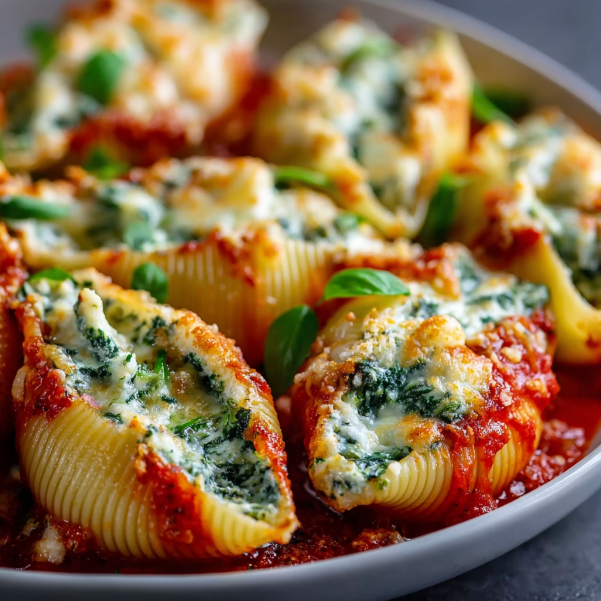 Baked Spinach Ricotta Stuffed Shells topped with melted mozzarella and fresh basil, served in a plate.