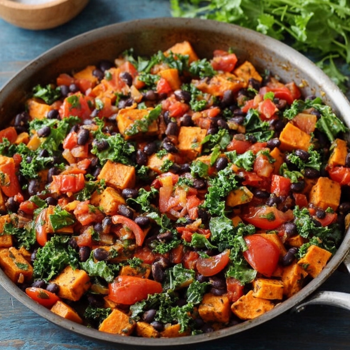 A colorful Sweet Potato Black Bean Skillet, black beans, tomatoes, and kale, creating a flavorful and hearty vegetable dish.